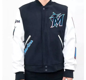 Men Letterman Miami Marlins Navy Blue and White Varsity Jacket - MLB