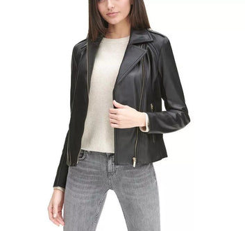 Leather Jacket Women Biker Motorcycle Women Soft  Fit Size Real Black