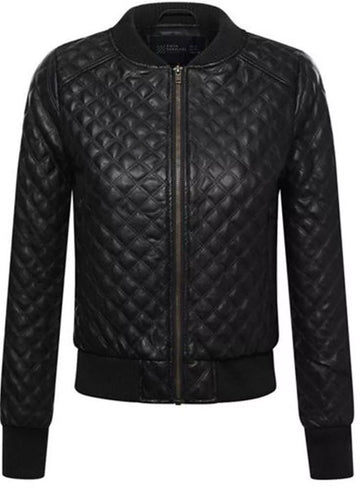Women Black Leather Puffer Jacket Genuine Napa Leather Quilted Bomber Jacket