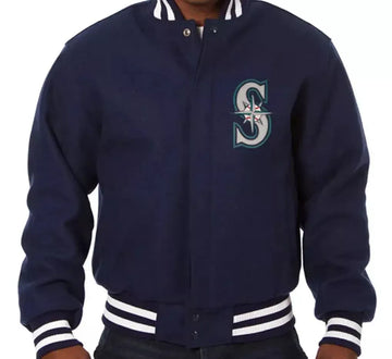 Men Letterman Seattle Mariners Navy Blue All Wool Varsity Jacket - MLB
