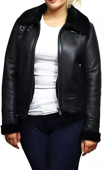 Women's Black Aviator Shearling Bomber Fur Sheepskin Black Leather Jacket