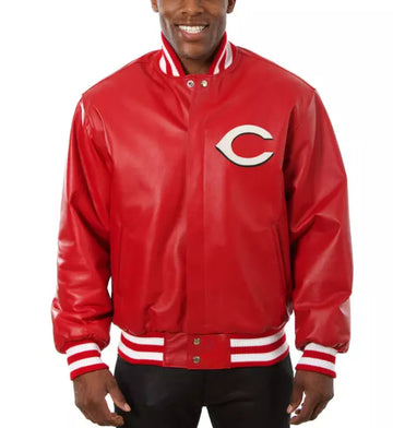 Men Cincinnati Reds Letterman Varsity Jacket Red Genuine Sheep Leather Baseball - MLB