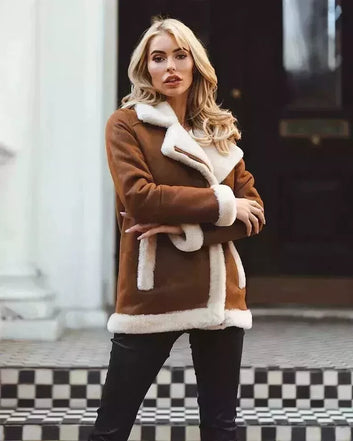 Women Aviator  Real Sheepskin Leather Shearling Flight Bomber Brown Jacket