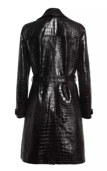 Women Croc Embossed Black Trench Coat Real Leather Classic Coat Fashion Overcoat