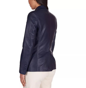Women Leather Blazer Lambskin Ladies Trench Biker Kim Fit-Blue