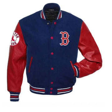 Boston Red Sox Red and Blue Letterman Varsity Jacket with Leather Sleeves - MLB