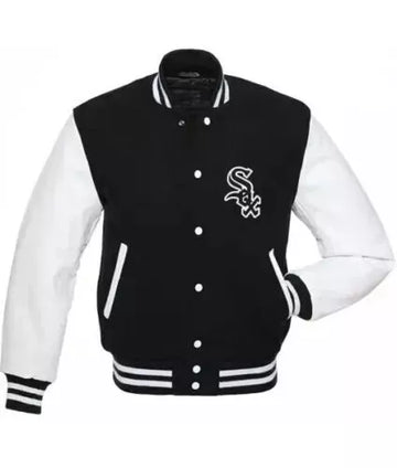 Men Chicago White Sox Letterman Varsity Jacket Black & White-Genuine Leather Sleeves - MLB