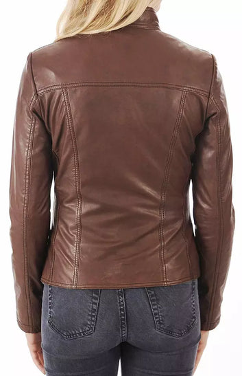 Leather Jacket Women Biker Motorcycle Women Soft Fit Size Real Brown