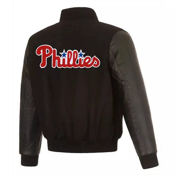 Philadelphia Phillies Black Varsity Jacket With Genuine Leather Sleeves - MLB
