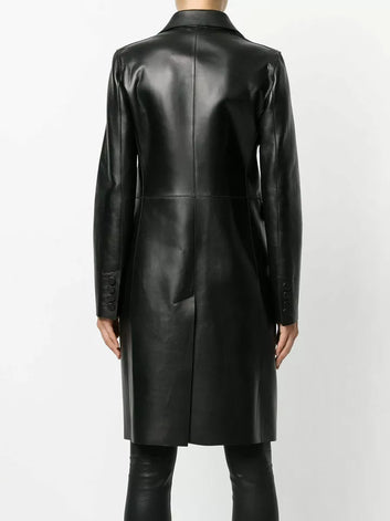 Women Genuine Lambskin Trench Coat Real Leather Black Mid Length Overcoat Jacket