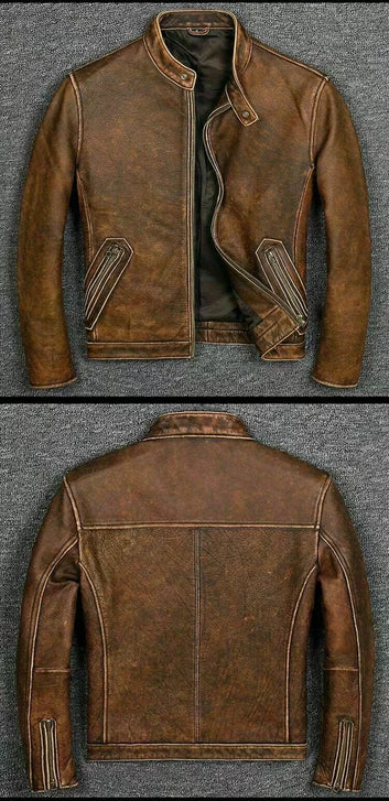 Men’s Motorcycle Biker Vintage Cafe Racer Distressed Brown Real Leather Jacket
