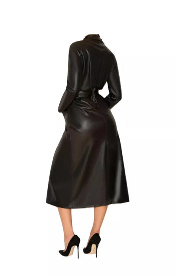 Women Black Trench Coat Genuine Lambskin Real Leather Long Overcoat