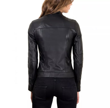 Leather Jacket Women Biker Motorcycle Women Soft Fit Size Real Black