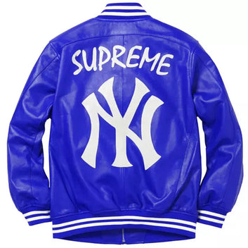NY Yankees Letterman Varsity Leather Jacket - Blue Genuine Leather - MLB