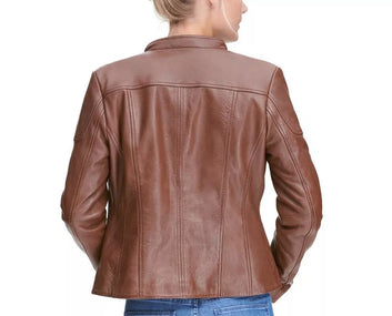 Leather Jacket Women Biker Motorcycle Women Soft Fit Size Real Brown