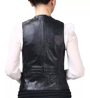 Women Leather Vest Genuine Sheepskin Fashion-Black