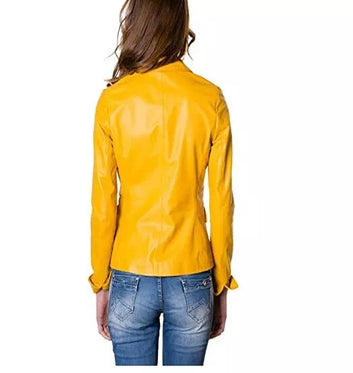 Leather Blazer Coat Jacket Women Lambskin Ladies Trench Biker Kim Fit Yellow