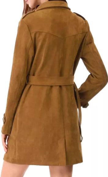 Women's 100% Pure Suede Leather Brown Trench Coat Soft Suede Coat Winter Jacket