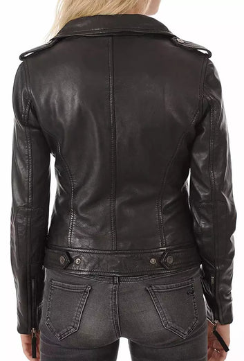 Leather Jacket Women's Biker Motorcycle Women Soft  Fit Size Real Black