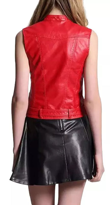 Women Genuine Leather Vest Biker Sheepskin Fashion Red
