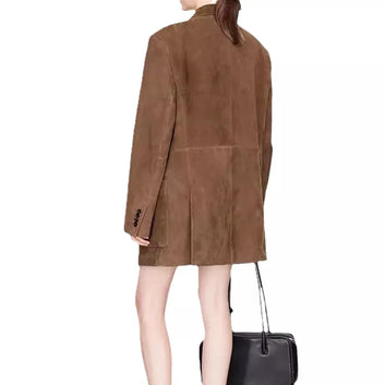 Women's 100% Pure Suede Leather Brown Coat Vintage Western Style Button Jacket