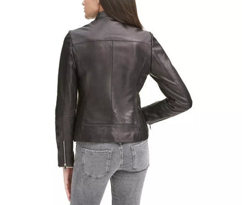 Leather Jacket Women Biker Motorcycle Women Soft Fit Size Real Black