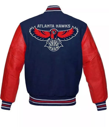 Atlanta Hawks Blue and Red Varsity Jacket With Genuine Leather Sleeves - NBA
