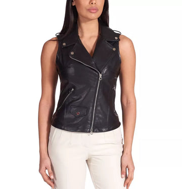 Vest Leather Jacket Women Genuine Coat Biker Sheepskin Fashion Size Black