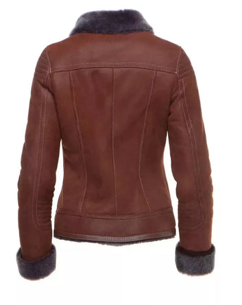 Women Tan Sheepskin Leather Shearling  Bomber Style Brown Jacket, Fur cuff