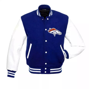 Denver Broncos Letterman Varsity Jacket Wool with Genuine Leather Sleeves blue and white