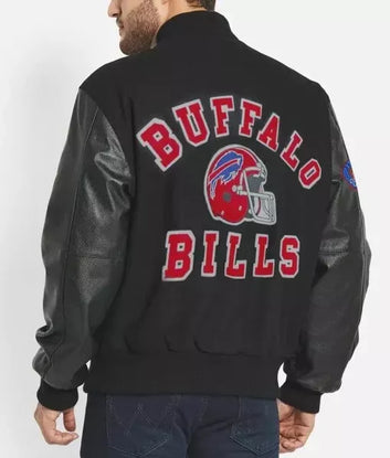 Men 90’s Style Buffalo Bills Letterman Varsity Jacket with Genuine Leather Sleeves - MLB