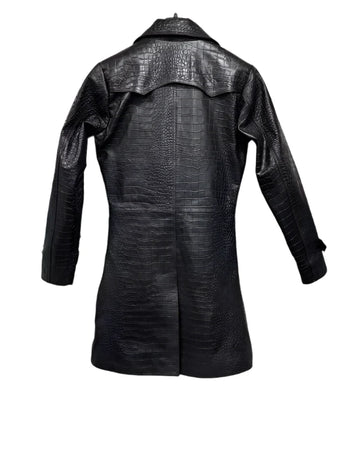 Women's Black Croco Embossed Classic Trench Coat Real Leather Long Fashion Coat