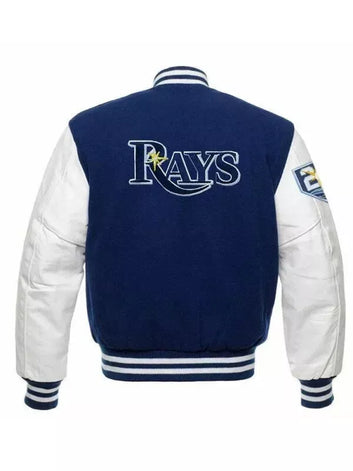 Tampa Bay Rays Blue and White Varsity Jacket with Leather Sleeves - MLB
