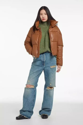 Women Vegan Leather Mocha Brown Puffer Jacket