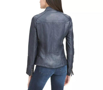 Leather Jacket Women Biker Motorcycle Women Soft Fit Size Real Blue