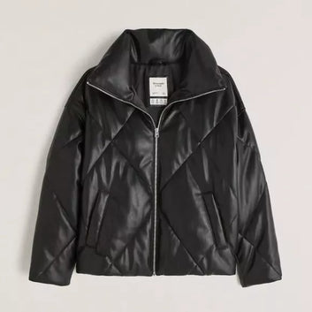 Women  Leather Diamond Quilted Puffer Jacket - Black