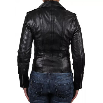 Black Leather Jacket Women's Biker Motorcycle Women Soft  Fit Size Real