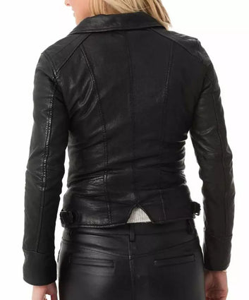 Leather Jacket Women Biker Motorcycle Women Soft  Fit Size Real Black