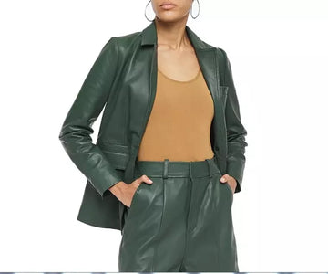 Leather Blazer Coat Women Lambskin Ladies  Biker Kim Fit Green