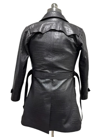 Women's Black Croco Coat 100% Genuine Lambskin Leather Croc Embossed Trench Coat