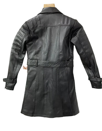 Women's 100% Genuine Leather Black Trench Coat Mid Length Biker Zipper Overcoat