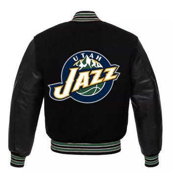 Men Letterman Utah Jazz Black Wool and Leather Varsity Jacket - NBA