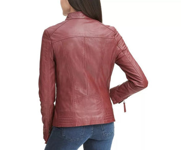 Leather Jacket Women Biker Motorcycle Women Soft  Fit Size Real Red
