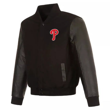 Philadelphia Phillies Black Varsity Jacket With Genuine Leather Sleeves - MLB