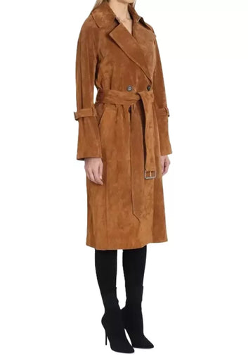 Women's 100% Pure Suede Leather Trench Coat Soft Suede Long Coat Winter Jacket