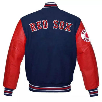 Boston Red Sox Red and Blue Letterman Varsity Jacket with Leather Sleeves - MLB