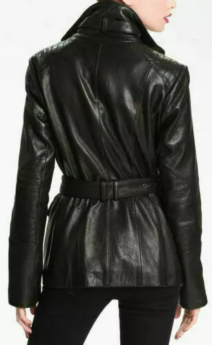 Classy Style Women Genuine Lambskin Leather Trench Coat Stylish Overcoat Jacket