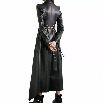 Women Black Lambskin Real Leather Dress Fringed Eyelet-embellished Long Overcoat