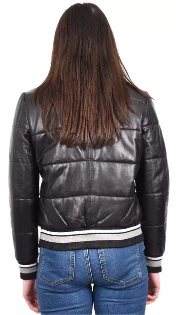 Women Puffer Jacket Ladies Genuine Leather Bomber  Black