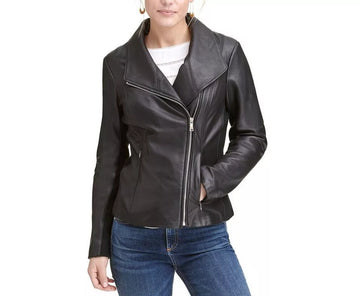 Leather Jacket Women Biker Motorcycle Women Soft  Fit Size Real Black